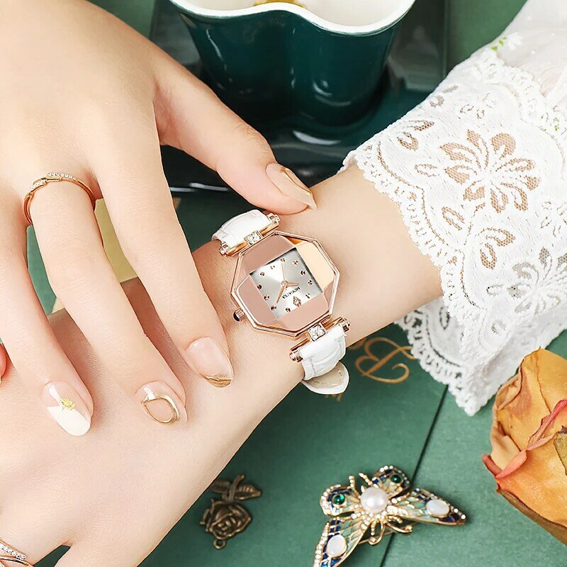 Montre à Quartz avec bracelet en cuir pour femmes, marque de luxe, strass, nouvelle mode