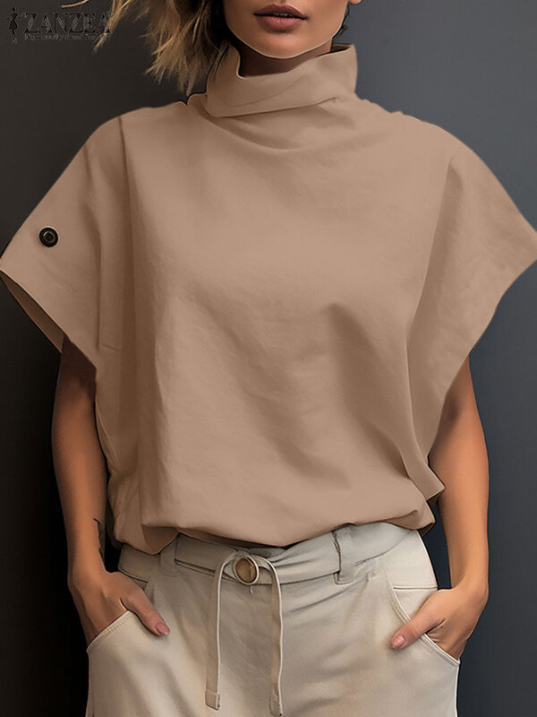 ZANZEA-Blusa de manga corta con cuello alto para mujer, camisa elegante de oficina, Tops de trabajo OL, Túnica de gran tamaño, moda de verano