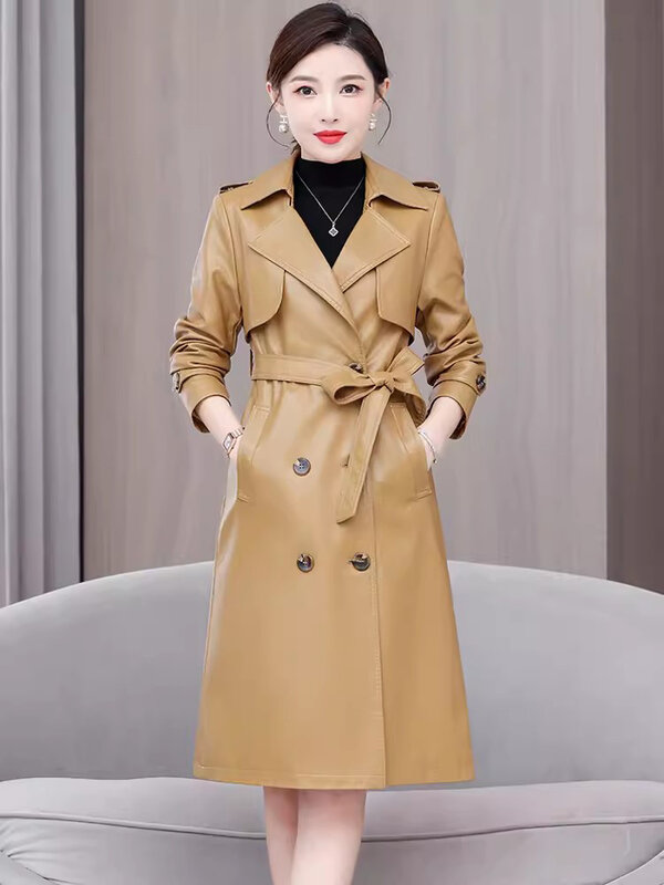 Nouveau manteau en cuir décontracté pour femmes au printemps et à l'automne Trench-coat mince en peau de mouton à col rabattu et à double boutonnage Cuir fendu