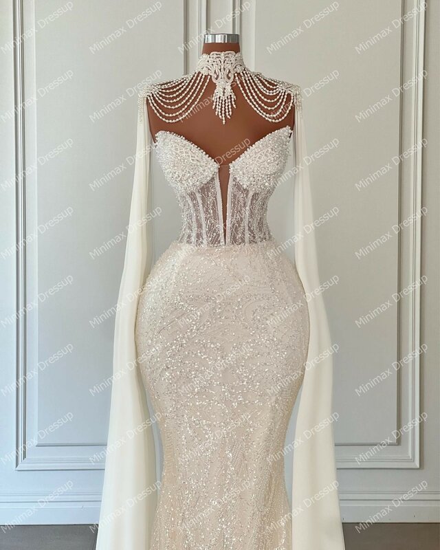 Sparkle Beading Lace Mermaid Bridal Dress, Elegant Pearls Appliques, Vestidos de casamento, Custom Made Chiffon Cape, Vestidos de festa