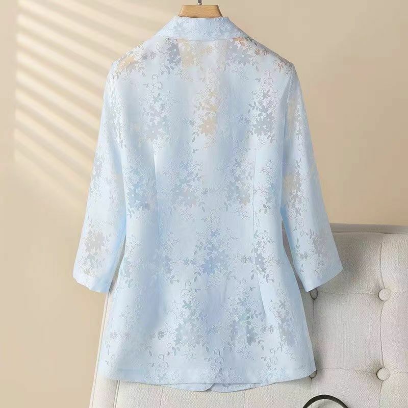 2024 Summer Thin Lace Jacket 3/4 Sleeve Embroidered Small Suit Women's Short Coat Slim Fit Elegant Hollow Out Tops B10