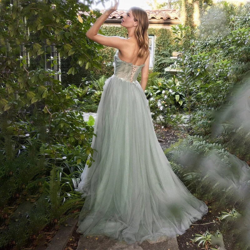Gaun malam hijau yang indah gaun malam tanpa lengan Sweetheart A-Line pesta Prom gaun applique renda Backless acara Formal سmemancing