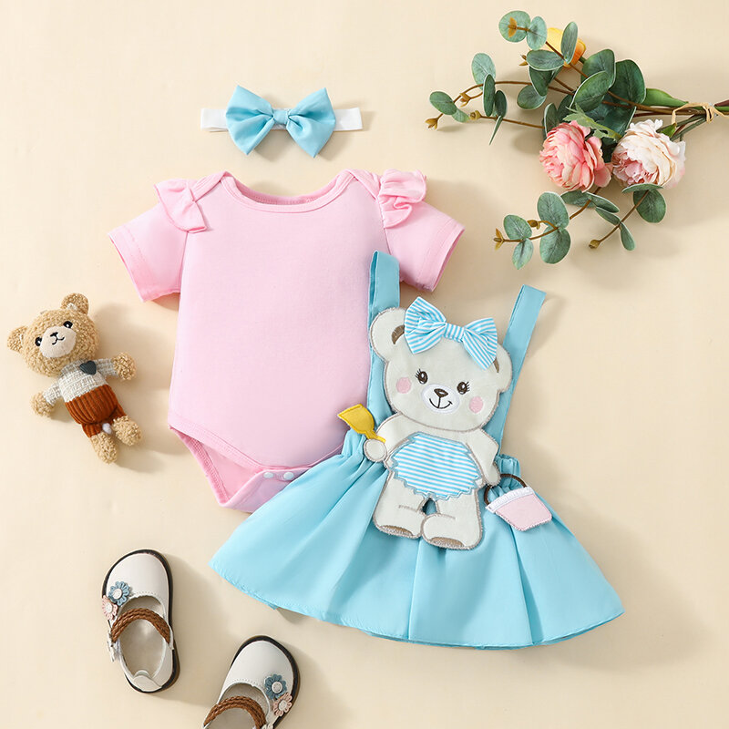 Setelan baju monyet bayi perempuan, pakaian musim panas tali ikat kepala gaun Suspender lengan pendek beruang