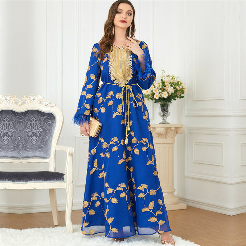 Donna musulmana Abaya turchia 2024 nuovo ricamo Retro Maxi abito manica lunga Casual allentato caftano marocchino arabo Eid Ramadan Gown