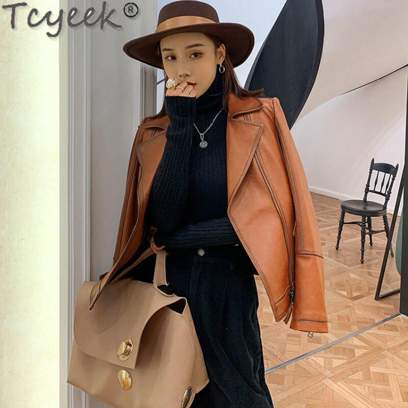 Tcyeek-정품 가죽 자켓 여성 의류 가을 양피 패션 짧은 코트, 여성용 오토바이 자켓 Jaqueta Feminina Lq
