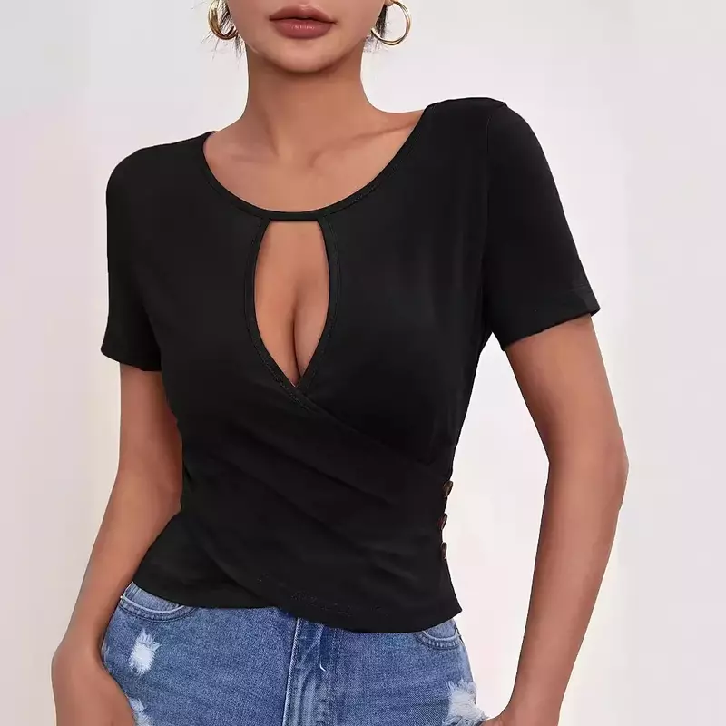 Women's clothing 2024 new sexy hollow button slim fit casual short style temperament short sleeved T-shirt top YBF46-3
