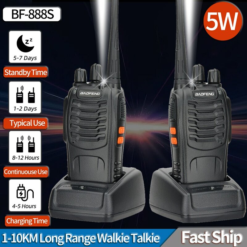 Baofeng BF 888S Walkie Talkie de Longo Alcance, Transceptor de rádio amador bidirecional para caça e hotel, UHF 400, 470MHz, 1 2 Pcs