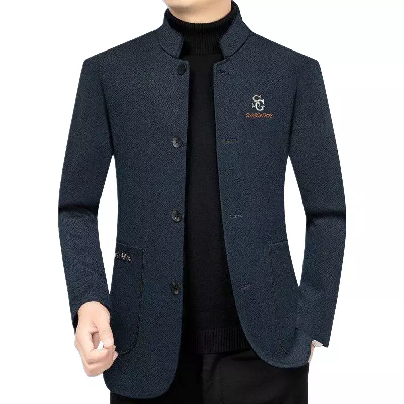 Jaket blazer kerah berdiri pria, Blazer bisnis kasual kualitas tinggi 4XL Musim Semi dan Gugur