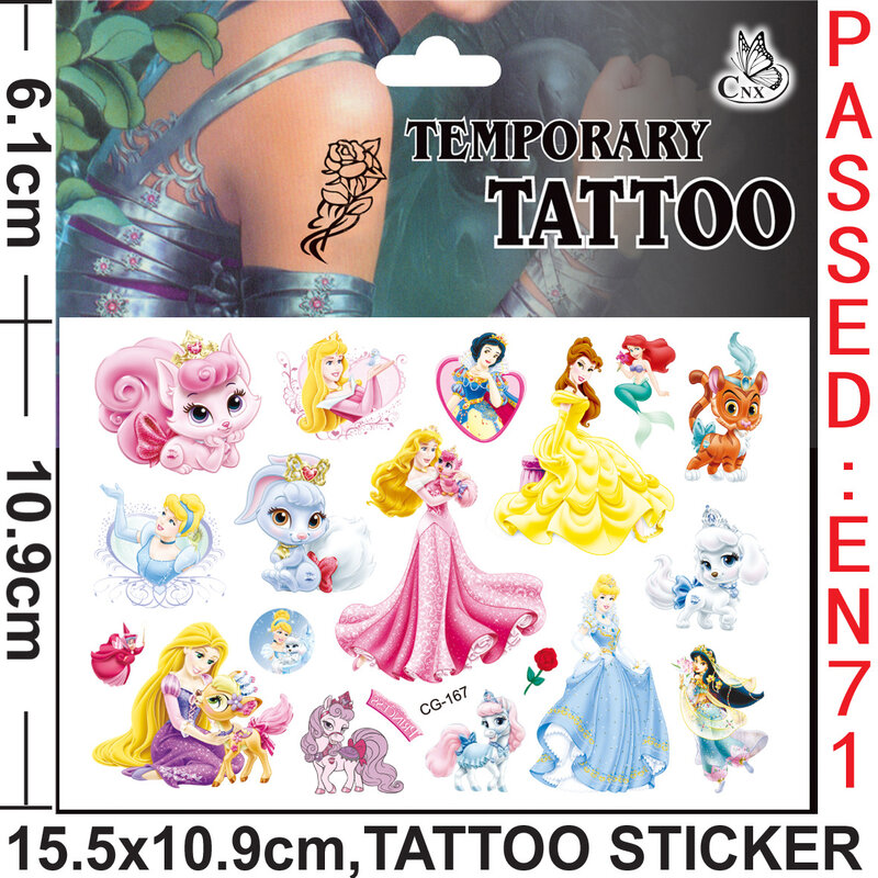 Pegatinas de tatuaje de princesa Disney para niñas, calcomanías de dibujos animados de Ariel Aurora, tatuaje temporal impermeable, regalo de cumpleaños, 2 piezas al azar