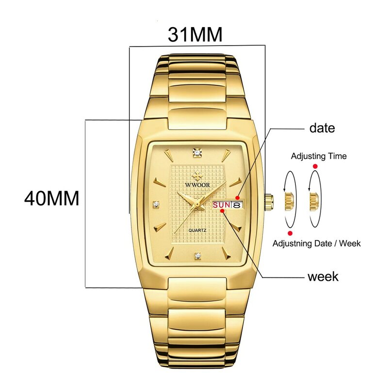 WWOOR 2024 nowy kwadratowy zegarek męski z automatyczną datą tygodnia luksusowe złote męskie zegarki kwarcowe ze stali nierdzewnej Relogio Masculino