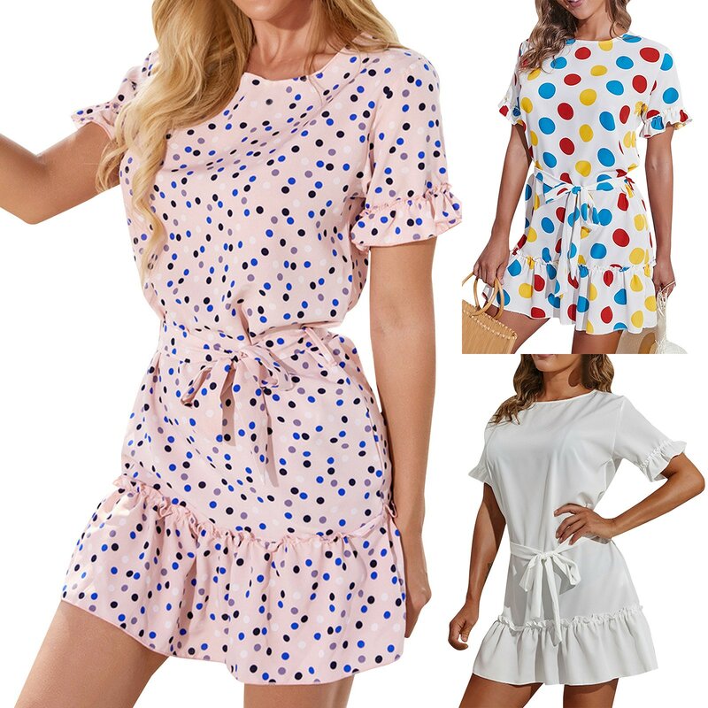 2024 Summer Women Dress Sweet Print Female Tunic Waist Lace-up Dresses Summer Beach Vestido Daily Pullover Dresses