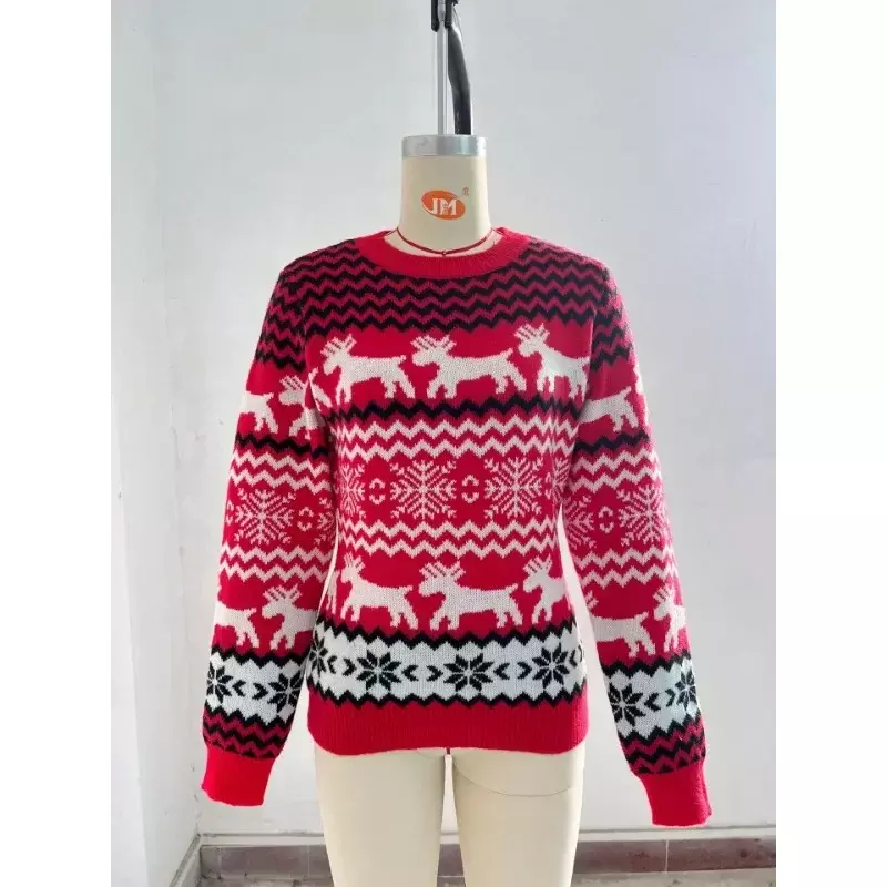 Suéter de punto de Navidad para hombre y mujer, jersey de manga larga con cuello redondo, Jacquard, alce, 2023