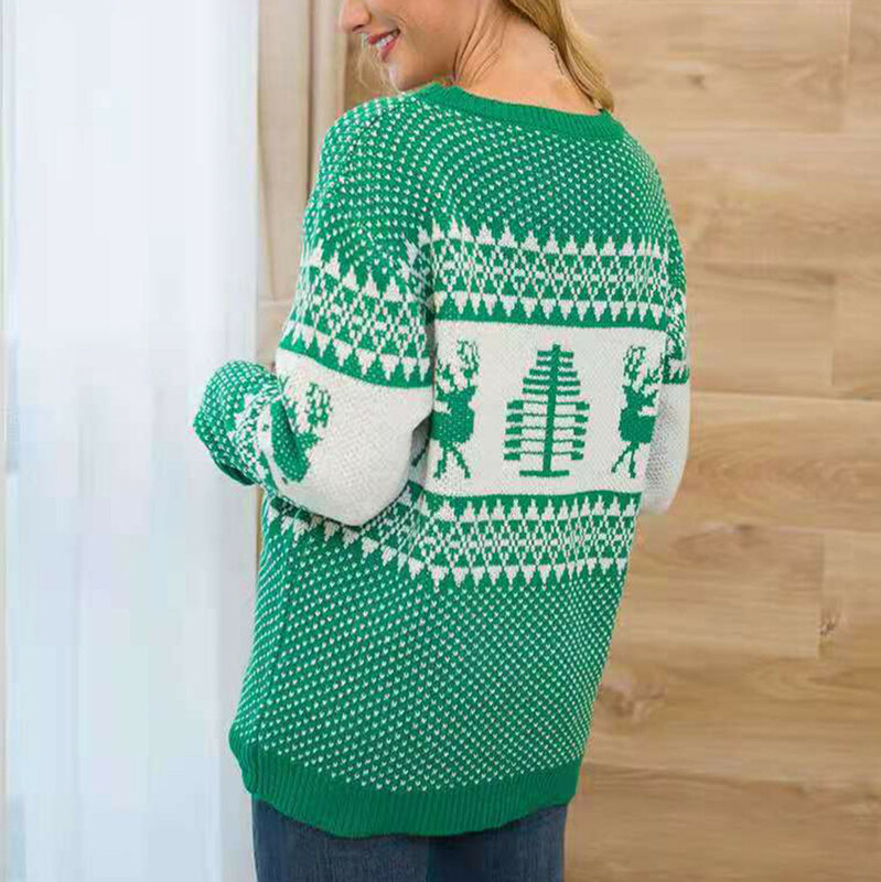 Round Neck Long Sleeve Women's Sweater Women Christmas Tree Pattern Knitting Loose Sweater Casual Versatile Blouse