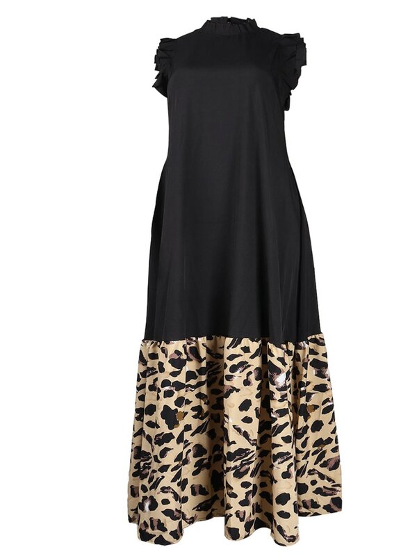 LW-leopardo feminino estampa babados aparar vestido solto, verão elegante patchwork, sem mangas, até o chão, a linha maxi vestidos