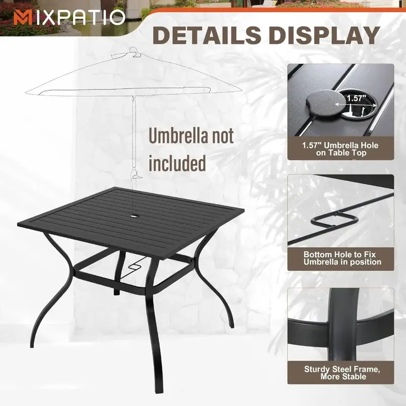 屋外テーブルと椅子のセット,5つの家具のセット,青と37インチの正方形,金属製の傘
