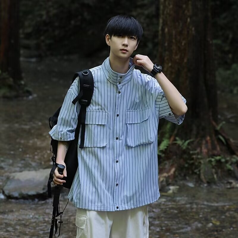 Полосатая рубашка мужская со съемными рукавами Корейская версия модная и красивая Новинка лета 2024 Ins куртка