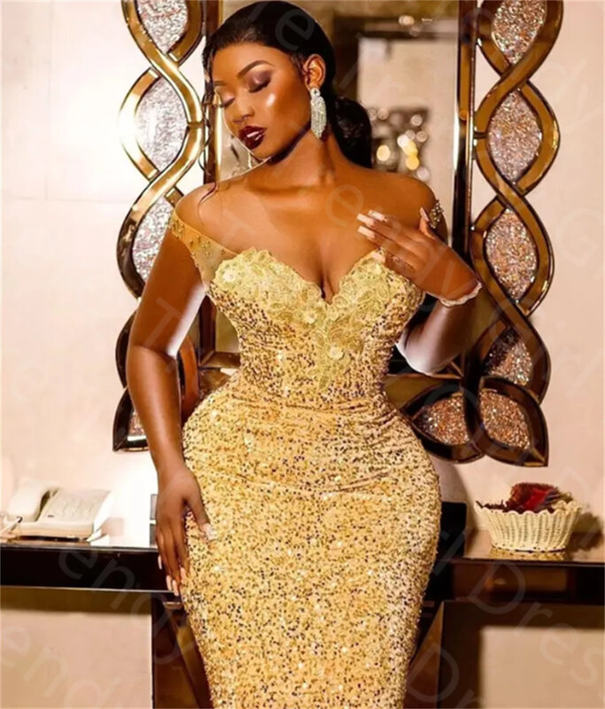 Gold Sparkly Off the Shoulder Lace Mermaid Long Prom Dresses Sheath Prom Dresses Plus Size Sweep Train فساتين سهره فاخره 2023