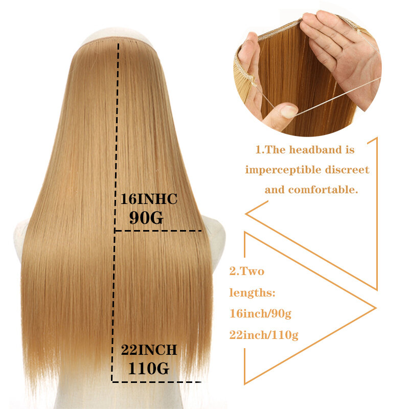 Extensão sintética natural do cabelo para mulheres, peruca reta longa, sem clipes, loira, preta, cor mista, peça falsa