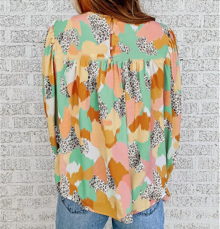 Kaus Sifon Print Abstrak Mode Atasan Kasual Leher O Longgar Musim Gugur Wanita Blus Lengan Panjang Gelembung Berlipat Wanita