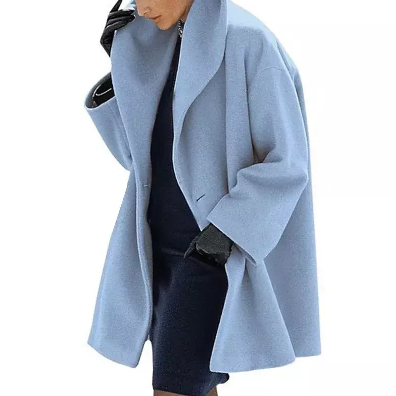 Casaco feminino casual solto com capuz misturado de lã, botão, monocromático, jaqueta feminina do escritório, moda inverno, 2022