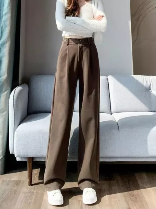 Pantalones holgados rectos de lana para mujer, pantalones elegantes de cintura alta, piernas anchas, moda informal, Otoño e Invierno