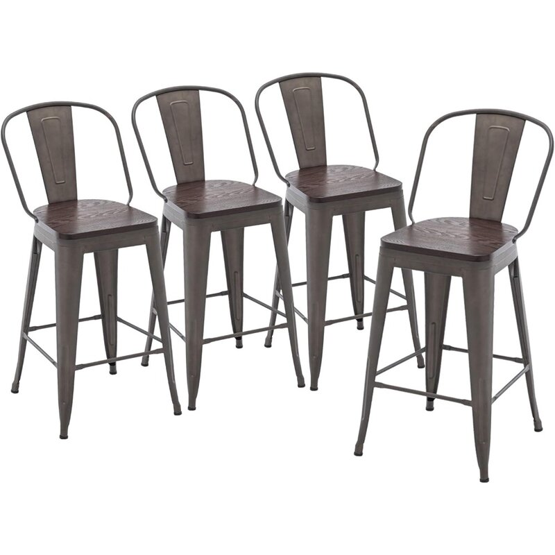Bangku Bar Set 4 meja dapur logam punggung tinggi kursi tinggi 24 inci kursi Bar dengan kursi kayu industri berkarat