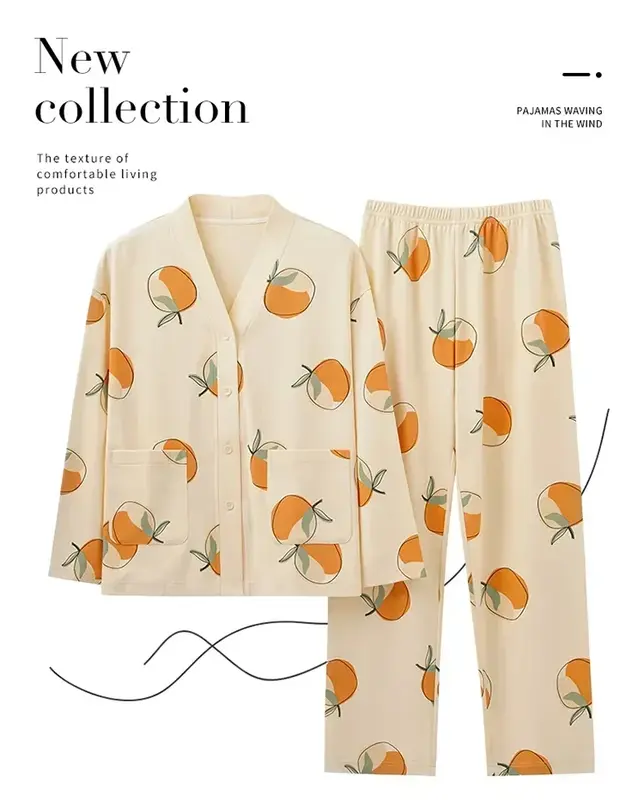 Pajama Ladies Flowers Women Piece 2 Sleeve Autumn Fashion for Set Pajamas Sleepwear Female Print Spring Soft Cotton Long