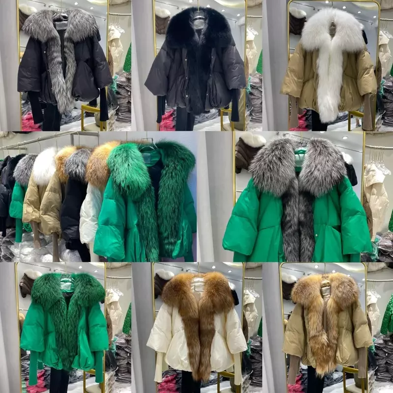 女性のためのキツネの毛皮の襟付きの本物の毛皮のコート,冬のジャケット,厚くて暖かい都会の服,大きなアウターウェア,新しいファッション,2024