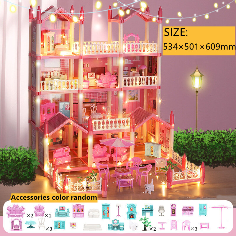 Casas de muñecas 3D ensambladas, miniaturas DIY, accesorios para casa de muñecas, Villa, Castillo de princesa con luz LED, regalo de cumpleaños para niña, casa de Juguetes