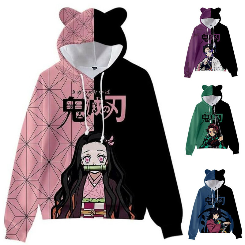 Anime Demon Slayer Hoodies Women Cat Ears Cartoon Sweatshirt Tops Kamado Nezuko 3D Harajuku Boys Girls Cosplay Costume Pullover