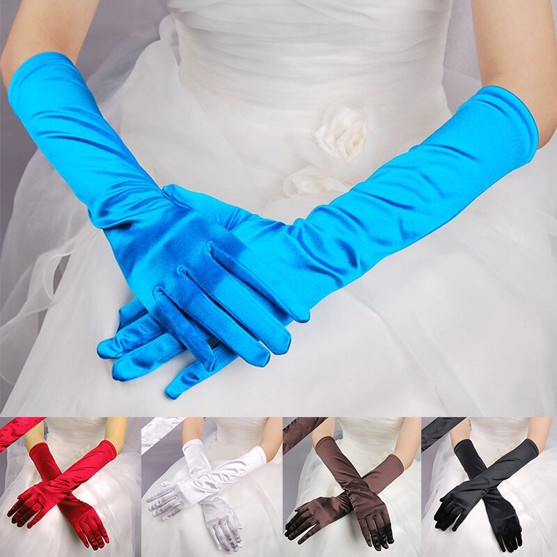 1 pasang sarung tangan Satin warna-warni aksesoris pernikahan pengantin wanita ungu panjang hitam gading gaun kontes