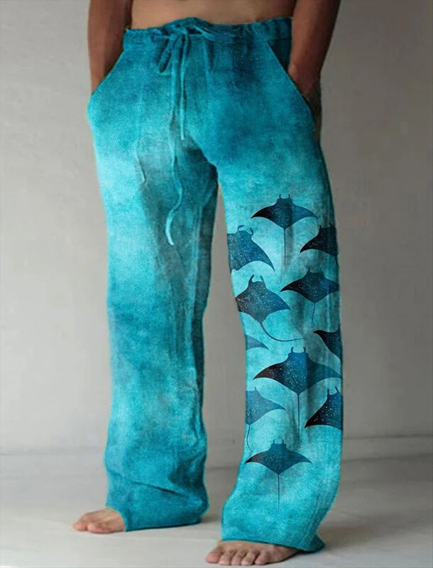 Celana panjang lurus pria, bawahan cetakan 3D pola ikan tinta hitam slim fit kasual nyaman