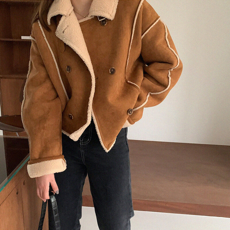 Suede Thick Coat For Women 2022 Autumn Warm Soft Loose Fur Jacket Female Outerwear Button Plush Ladies Casual Winter Overcoat