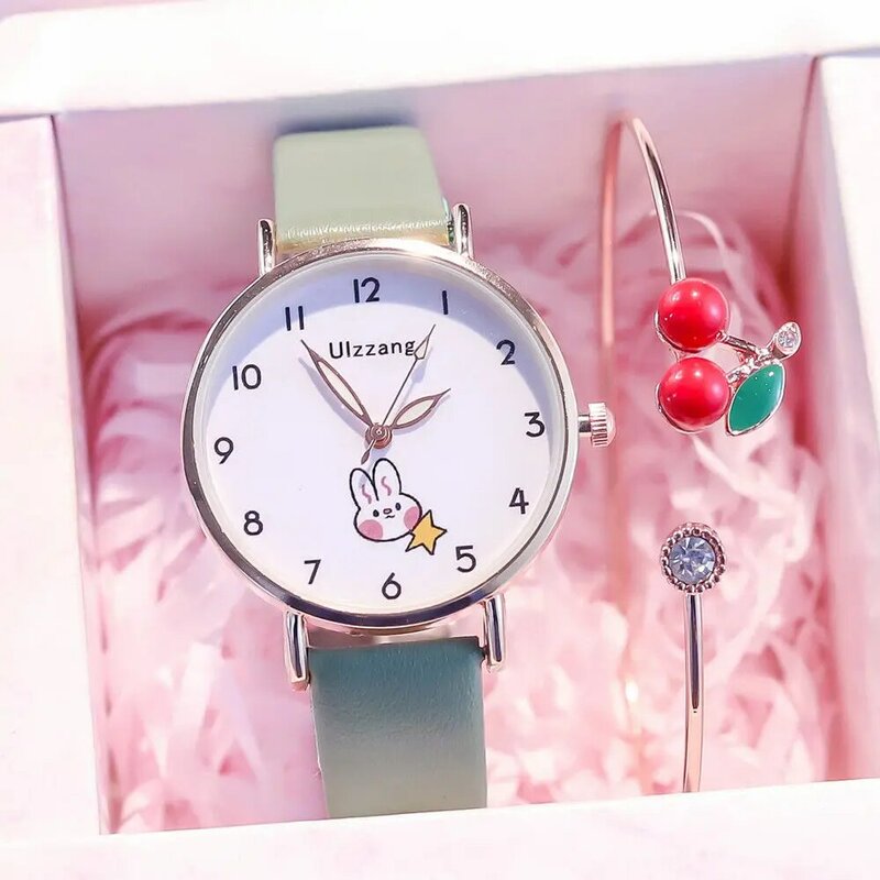 소녀 시계 세트 팔찌 귀여운 소녀 학생 토끼 다이얼 가죽 쿼츠 빛나는 아날로그 어린이 시계 생일 선물