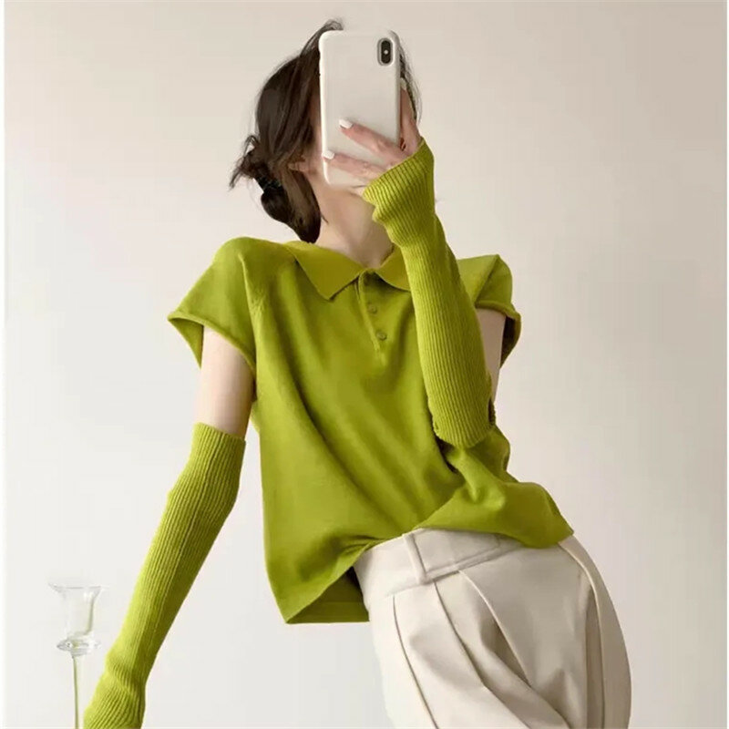 Женский трикотажный свитер с воротником-поло, зеленый облегающий пуловер, весна-осень 2023