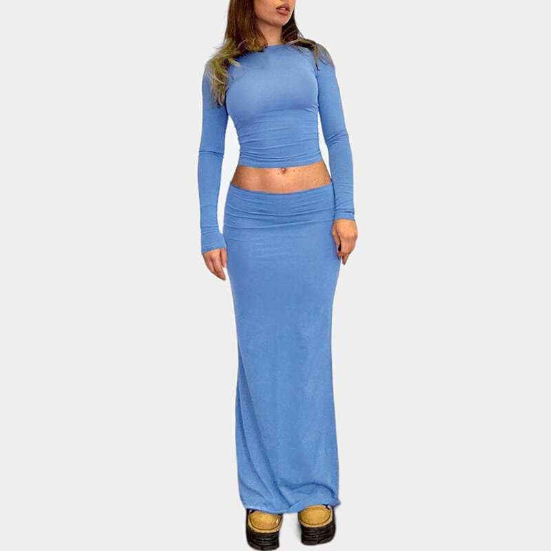 Женский комплект из 2 предметов, Однотонная футболка с круглым вырезом и длинным рукавом и длинная юбка, осенняя одежда