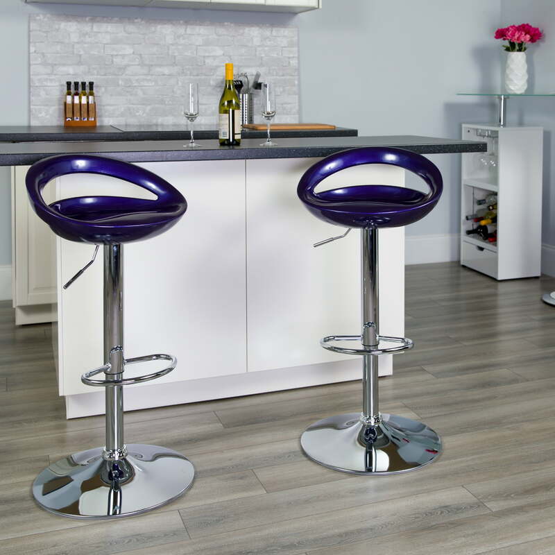 Adjustable Height Barstool Kitchen Blue Plastic Counter Chair w/ Rounded Cutout Back