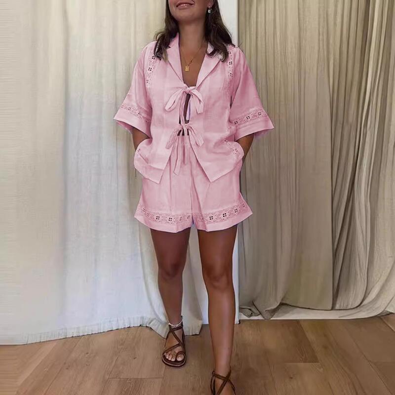 2 Pcs Women Shirt Shorts Set Lace-up Short Sleeve Hollow Out Top Loose Pants Casual Vacation Beach Casual Womens Outfits