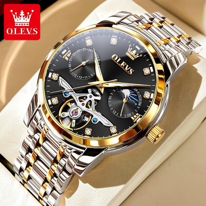 OLEVS-Bracelet de montre en acier inoxydable, montre d'affaires mécanique, cadran rond, Shoous, cadeau, 6703
