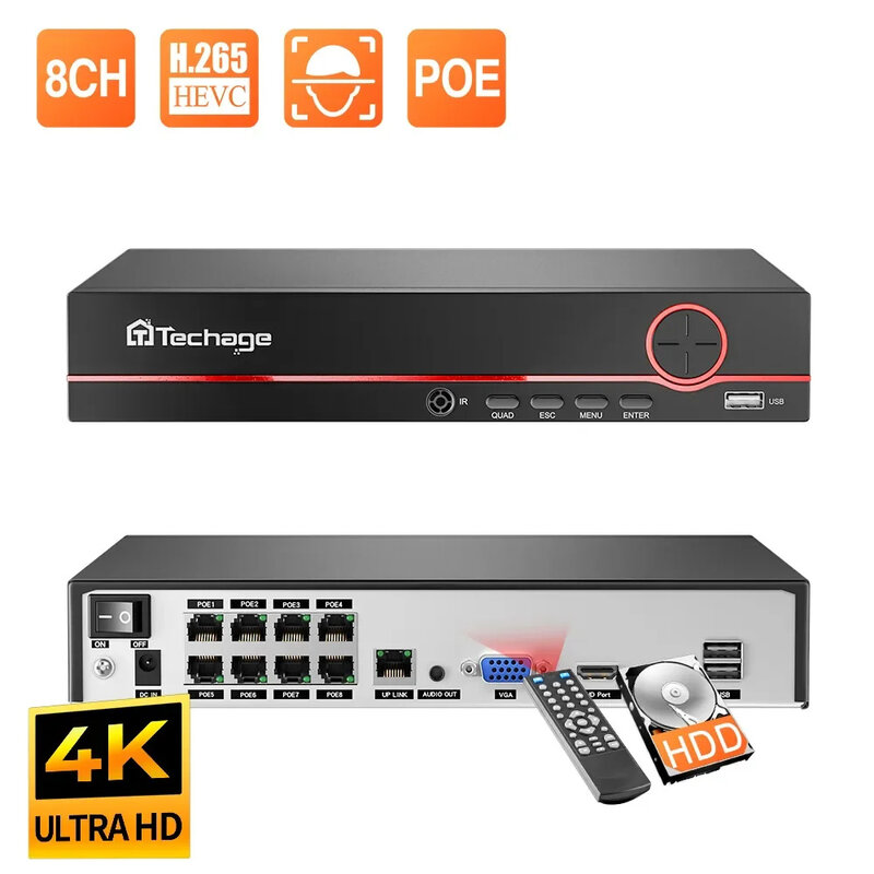 Techage-Enregistreur vidéo en réseau de surveillance de sécurité, enregistreur de caméra IP, POE, 8CH, 4K, 2K, NVR, jusqu'à 16CH, système de vidéosurveillance