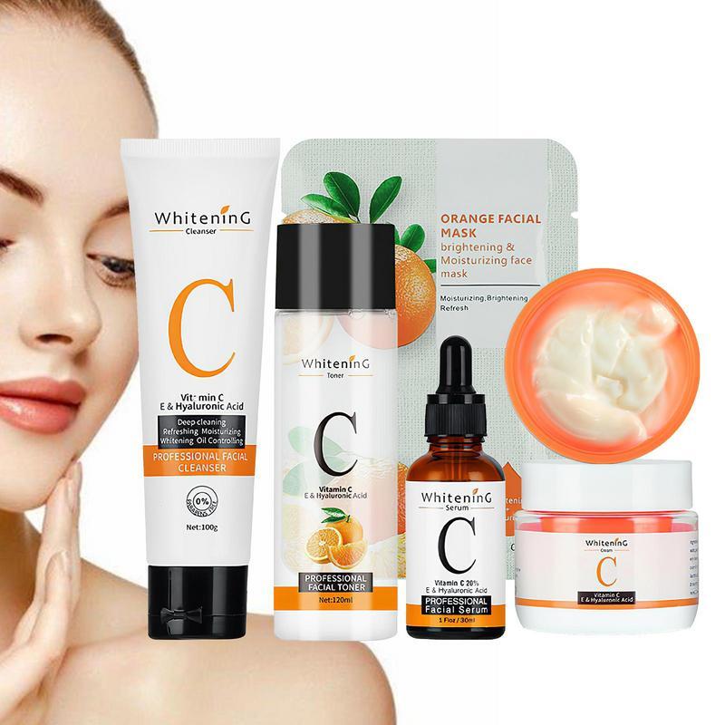 Vitamin C Skin Care Sets 5PCS/Set Moisturizing Hydrating Serums Vitamina C Cleanser Toner Cream Essence Facial Masque Skin Care