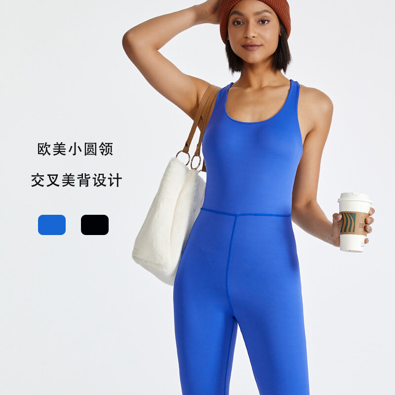2024 New Sports Fitness Pants Jumpsuit With Cross Stretch Beautiful Back One Piece Yoga Suit With Chest Cushion for Women
