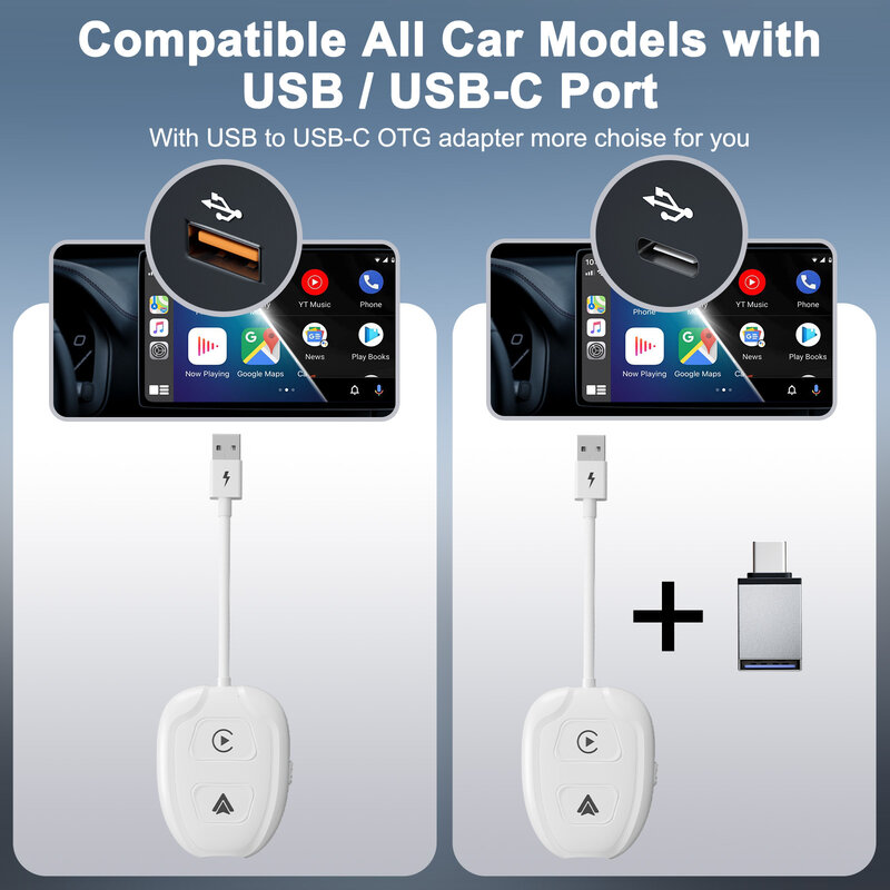 カープレイアダプター,ワイヤレス,USBおよびUSbc付き,すべての車のモデル,Android,オリジナルのコントロール,5-10s,自動再起動