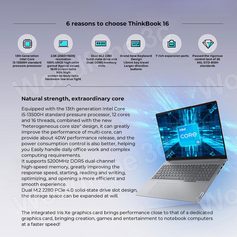 Lenovo-ordenador portátil ThinkBook 16, Laptop 2023, Intel Core i7-13700H/i5-13500H, 16GB, 1TB, SSD, gráficos HD, 16 pulgadas, 2,5 K, 60Hz, pantalla IPS
