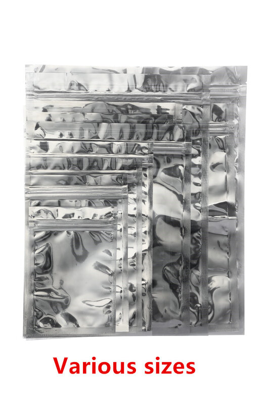 Folha de alumínio transparente Zip Lock Bags, Food Grade Zipper, Reseal prateado Mylar-Foil Pouch, Snacks Pacote Presente, 1 Side, 100Pcs