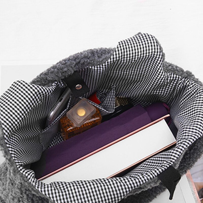 Fashion Women Lamb Fabric Shoulder Bag Canvas Handbag Tote Large Capacity Embroidery Shopping Bag Cute Book Bag