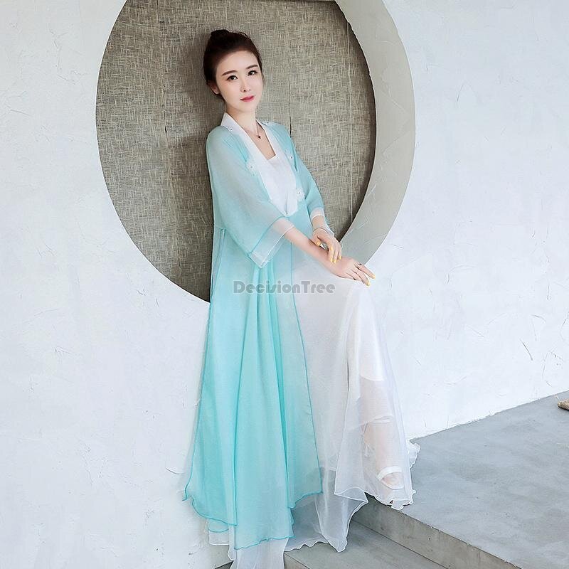 2024 chinese style vintage fairy daily hanfu set simple v-neck inner suspended dress stereoscopic flower gradient gauze dress