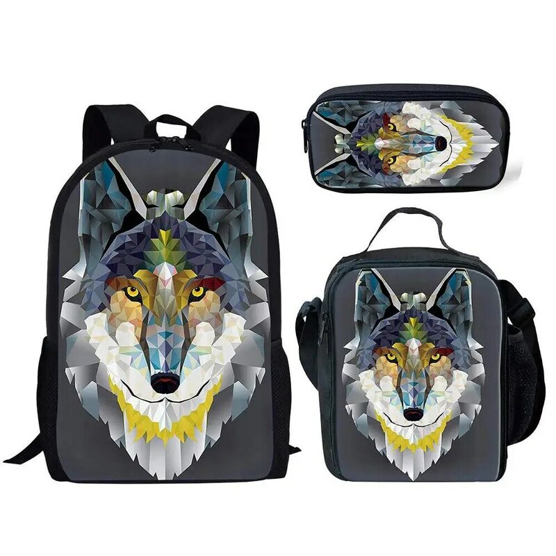 Cool Wolf Totem Wild Animals mochila con estampado 3D para estudiantes, bolsa de Anime para portátil, bolsa de almuerzo, estuche para lápices, 3 piezas por juego