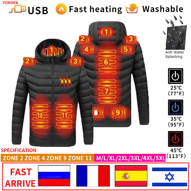 Chaqueta calefactada para hombre y mujer, chaqueta cálida deportiva para exteriores, ropa de invierno, USB2, Zona 4, Zona 9, Zona 11, calefacción, color negro y rojo