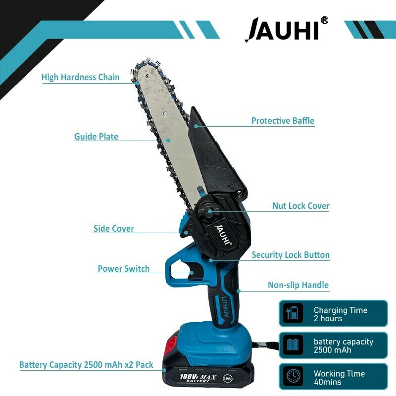JAUHI 3500W 6Inch Electric ChainSaw Rechargeable Saw 40000RPM Cordless Chain Saw Wood Power Tools For Makita 18V Battery